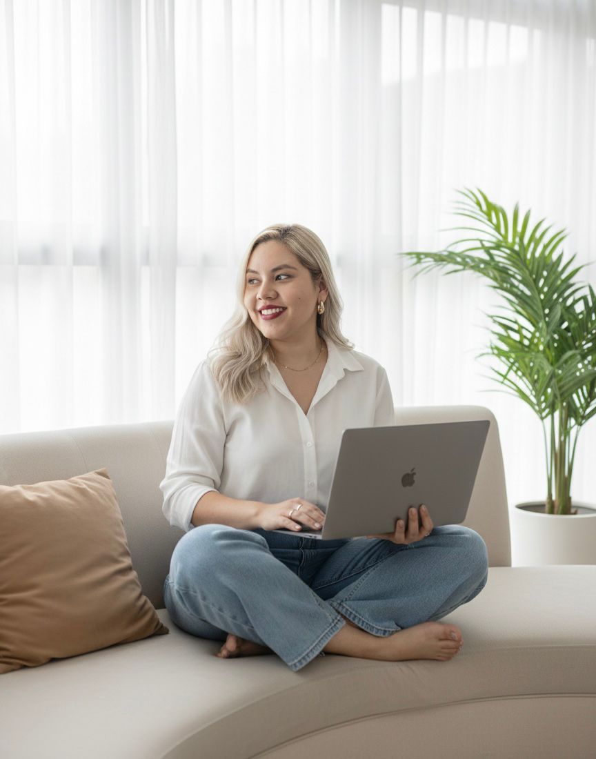Saide de Lima sentada no sofá com um notebook